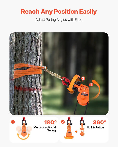 Beefed-Up 2-Ton Snatch Block With G80 Chain And Swivel Shackle, 3 Inch Sheave For 3/8 Inch Wire Rope, Heavy Duty Pulley For Towing And Recovery On Flatbed Tow Trucks Rollbacks And Wreckers, shown at 180° swing