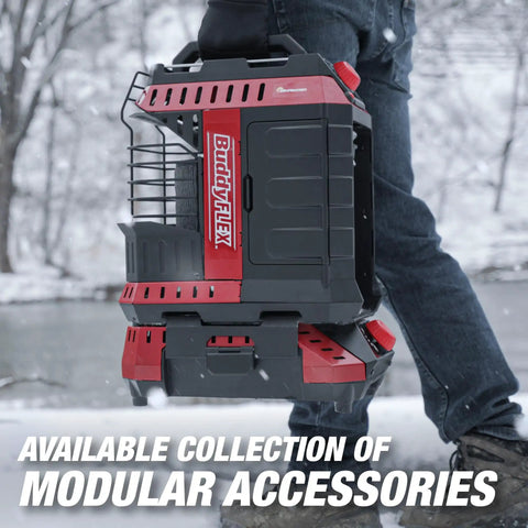Person carrying BuddyFLEX space heater with modular accessories, outdoors in winter setting