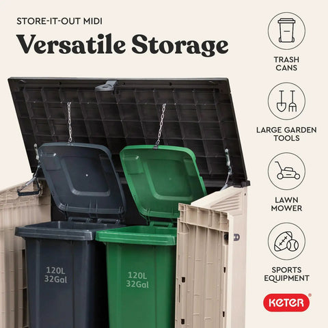 Outdoor Resin Horizontal Storage Cabinet For Trash Cans And Garden Tools, Weather-Resistant 30 Cu Ft Capacity With Lockable Easy Lift Lid, Durable Patio Shed In Beige