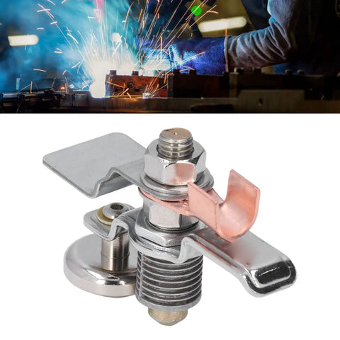 Top Tier Magnetic Welding Ground Clamp With Heavy Duty 40kg Hold Fast Grip, showcasing its durable metal construction and connection features.