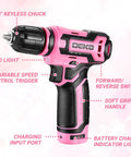12V Cordless Drill Kit With Pink Design And LED Light 800 RPM Power Drill Set showing labeled features including LED light and keyless chuck