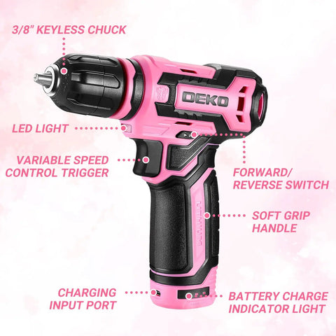 12V Cordless Drill Kit With Pink Design And LED Light 800 RPM Power Drill Set showing labeled features including LED light and keyless chuck