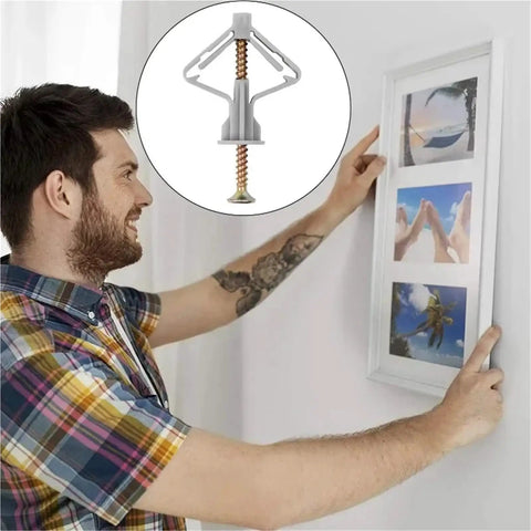 Man using Self Drilling Drywall Anchors Kit For Plasterboard Hollow Walls With Screws to mount picture frame; inset of anchor detail.