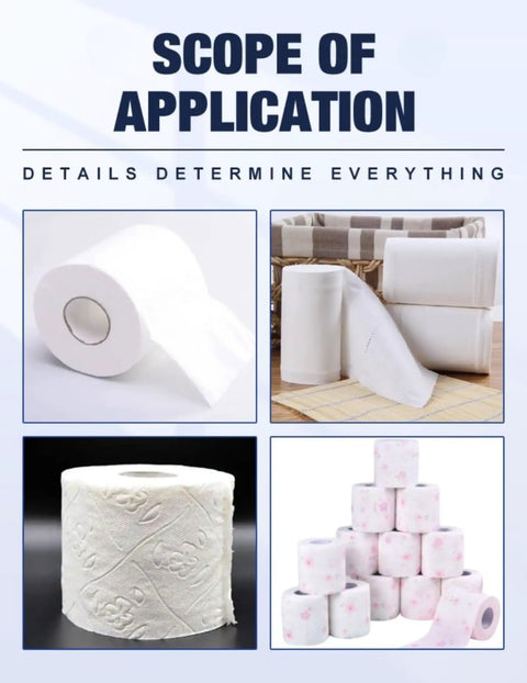 Variety of toilet paper rolls showcasing applications of Automatic Toilet Paper Rewinder Machine Heavy Duty Tissue Production Line Plug And Play Setup.