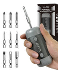 Hand holding 126 In 1 Precision Screwdriver Set With 111 Magnetic Bits for electronics repair, showing interchangeable bits and box
