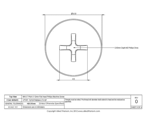 Technical drawing of True Titanium M4 0.7 Pitch 12mm Flat Head Phillips Machine Screw Pack Of 5 Grade 2 CP