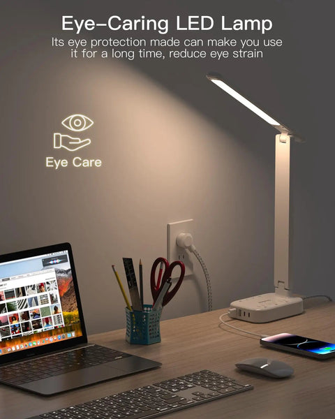 Clean Vibes Led Desk Lamp With Power Strip And 5 Ft Extension Cord showing eye-care feature in a modern desk setting