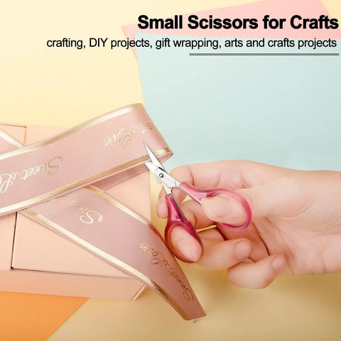 Person using Tiny Travel Scissors 3 Inch TSA Compliant With Sheath Ultra Sharp All Purpose Small Craft Scissors For Detail Work Straight Fine Tips on ribbon