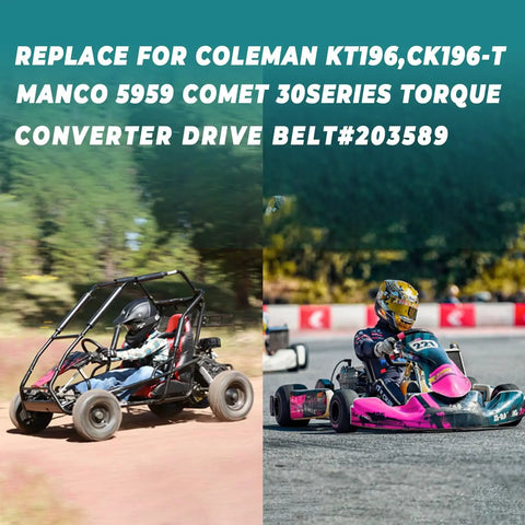 Off-road go-kart racing with Coleman KT196 CK196 T Go Kart Drive Belt For 30 Series Torque Converter, forest and track scene.