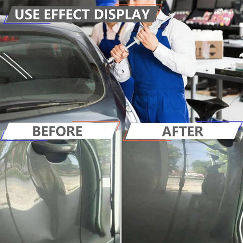 Before and after car panel using Beefy 3000W Stud Welder Dent Repair Kit with 11000A Peak, LED Display, and adjustable voltage.