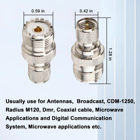 Mini UHF PL259 To UHF SO239 Coax Adapter Set 2 Pack With Nickel Plated Brass Body And Teflon Insulator dimensions image