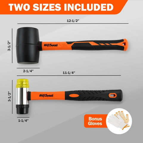 Two Pack Rubber Mallet Hammer Set With 16 Oz Soft Mallet And 33mm Double Faced Mallet Replaceable Heads Fiberglass Handle Damage Free