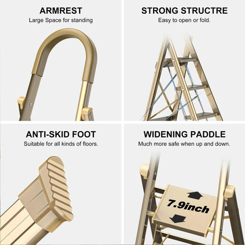 Six Step Folding Ladder For 12 Foot Ceilings Aluminum Stepladder With Gold Finish Portable Stool With Shelf EZ Fold And Store Ideal For Kitchen Bedroom Library Classroom And Even Doubles As Flower Stand, gold aluminum ladder with armrest, anti-skid foot