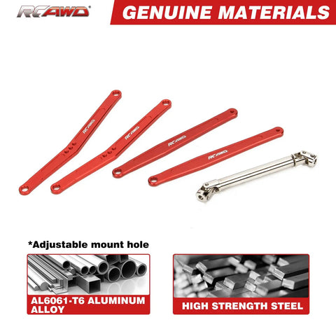 35mm Extended Wheelbase Suspension Kit With 70mm CVD Drive Shaft Upgrades For FMS FCX24 1 By 24 Crawlers - Extended Upper And Lower Linkage, Rock Bouncer Ready, Red Finish, All In One Upgrade, red aluminum links and steel shaft