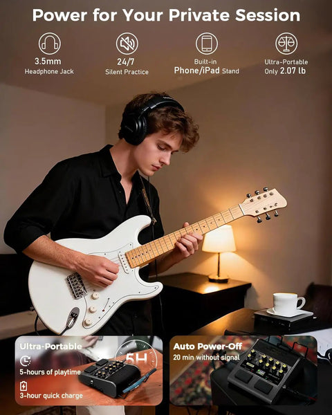 Musician using Palm Sized 10W Electric Guitar Amp and Multi Effects Pedal with Footswitch, JAM Buddy II, in a home setting