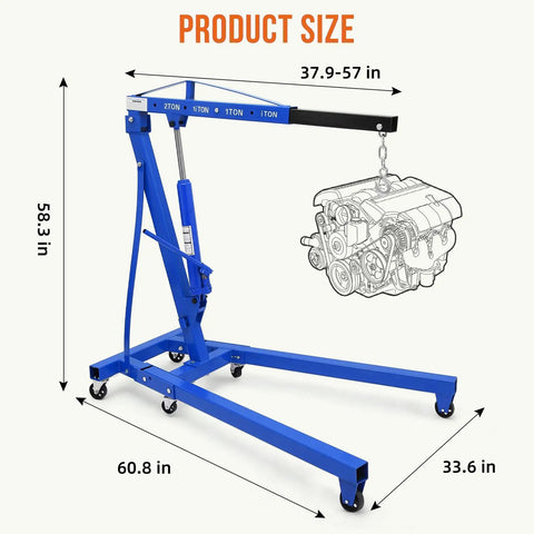 2 Ton Hydraulic Engine Hoist Cherry Picker 4000 Lbs Load Capacity Blue Heavy Duty Rolling Boom Crane dimensions showing height and width.