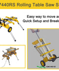 Heavy Duty Yet Featherweight Portable Table Saw Stand Designed For Smooth Rollin Shop Mobility Includes Quick Attach Miter Bracket And Zero Hassle Fast Fold Assembly, shown in folding position.