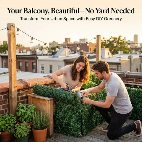 Couple installing Ivy Privacy Fence Screen 40 By 120 Inch UV Resistant Faux Boxwood Roll Panels on urban balcony for privacy.