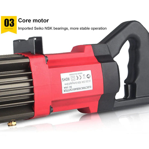 Close-up of core motor on Electric Rebar Cutter Handheld Hydraulic Cut Off Machine with labor-saving handle, red and black design
