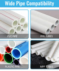 Image showing wide pipe compatibility with PVC pipes, PPR tubes, plastic pipes, and MPP tubes, related to the 3 Piece PVC Pipe Threader Set For Water Lines - 1/2 Inch, 3/4 Inch, And 1 Inch Dual Function Internal External Threading Tool, 2-In-1 Heavy Duty Pipe Cutter Kit, Drill Compatible For Easy DIY Home Repairs.