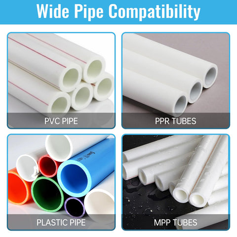 Image showing wide pipe compatibility with PVC pipes, PPR tubes, plastic pipes, and MPP tubes, related to the 3 Piece PVC Pipe Threader Set For Water Lines - 1/2 Inch, 3/4 Inch, And 1 Inch Dual Function Internal External Threading Tool, 2-In-1 Heavy Duty Pipe Cutter Kit, Drill Compatible For Easy DIY Home Repairs.
