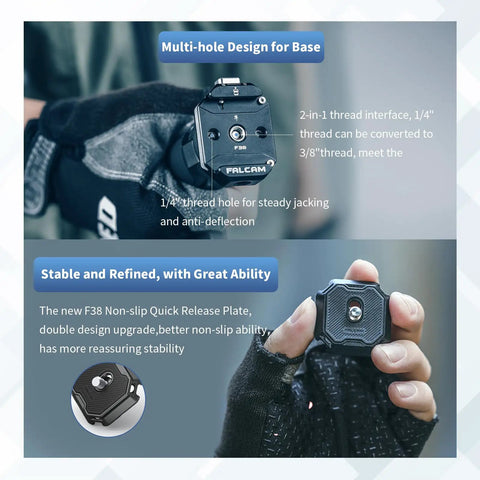 Person holding Multi Hole Camera Quick Release Plate Kit with 1 Quarter to 3 Eighth Inch Thread showcasing multi-hole design.