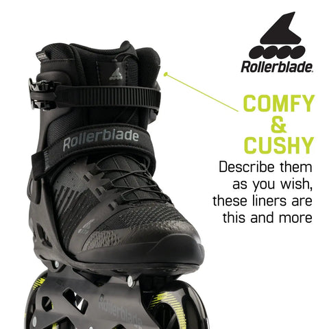 Macroblade 110 3WD Mens Go-To Fitness Inline Skate With Black And Lime Colorway, High Cuff Support, Size 9.5, front view.