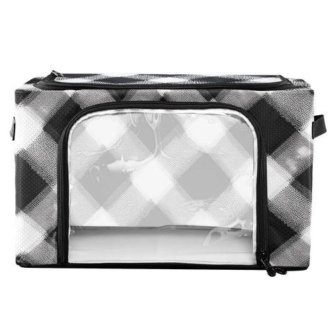Totally Slick Foldable Storage Bin With Clear Vinyl Window And Reinforced Steel Frame dual zippered openings in checkered pattern.