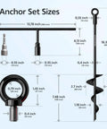 Heavy Duty 18 Inch Ground Anchors Set Of 4 Screw In Stakes with size dimensions, auger design, and included drill bit and wrench.