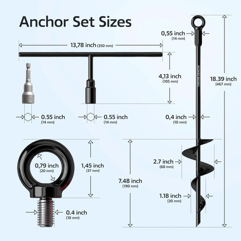 Heavy Duty 18 Inch Ground Anchors Set Of 4 Screw In Stakes with size dimensions, auger design, and included drill bit and wrench.