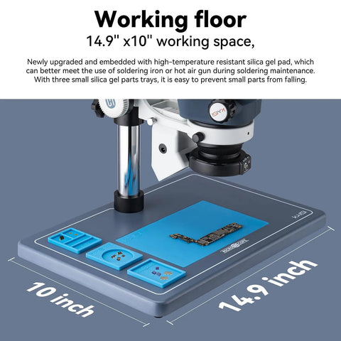 Pro Grade Stereo Microscope With Trinocular Setup For Soldering And PCB Work Camera Ready Heavy Duty Precision Microscope For Microelectronics And Detailed Inspection Eye Friendly Eyepieces on 14.9 x 10 inch silicone work mat