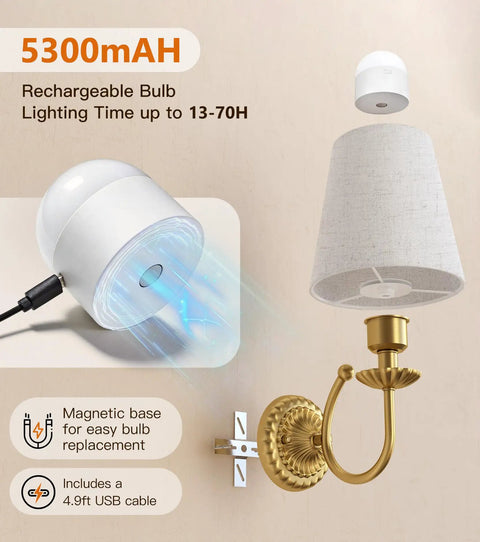 Wireless Wall Sconces Set Of Two With 5300mAh Battery And Remote Control fifteen dimmable colors showing a rechargeable bulb and fabric shade.