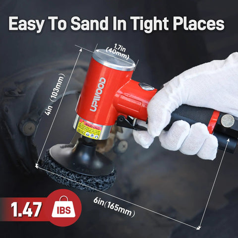 Workhorse 3 Inch Air Sander And Angle Grinder With Roll Lock Wheel Set in use, showcasing dimensions and compact design
