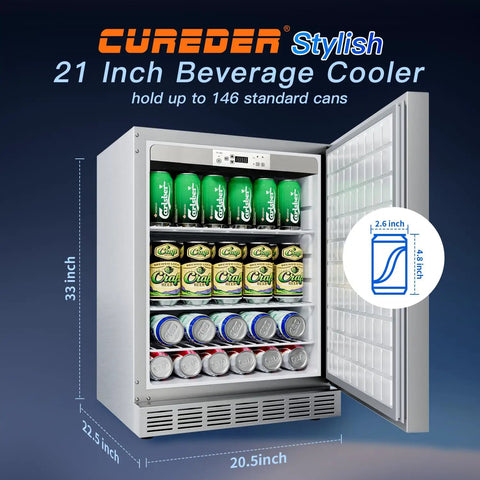 Outdoor Refrigerator Weatherproof Stainless Steel Beer Cooler Under Counter 21 Inch Beverage Fridge with Three Shelves