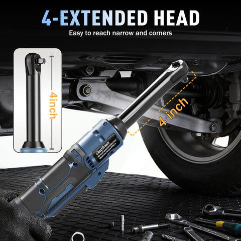 Three Eighths Inch Cordless Electric Ratchet Wrench For Auto Repair With 60 Nm Torque Beefed-Up Extended Kit, shown with 4-inch extended head under car.