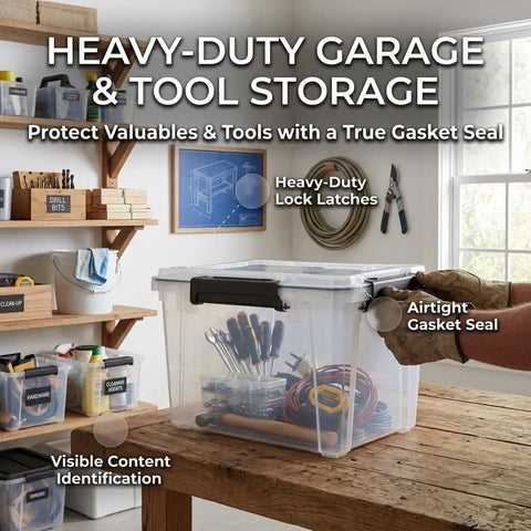 Kickass Heavy Duty 19 Quart Storage Bin With Airtight Gasket Lid Clear Stackable Plastic Crate showing tools inside on a workbench.