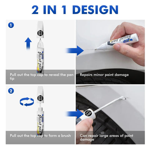 2-in-1 design guide for Deep Ocean Blue Touch Up Paint for Chevrolet Cars, DIY Scratch Repair Kit, showing pen and brush application options.