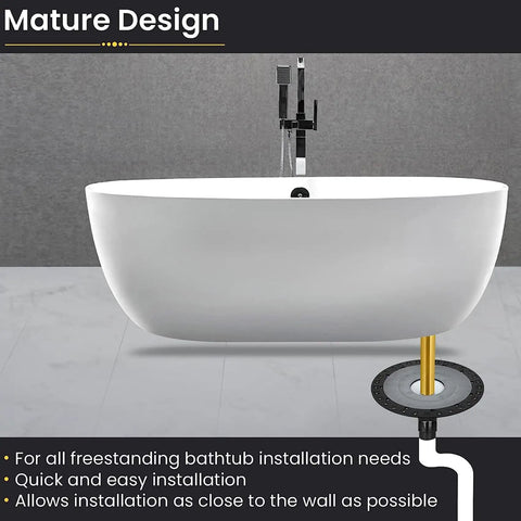 Rock Solid Freestanding Bathtub Drain Rough In Mounting Kit looking sleek under a modern white soaking tub with gold accent.