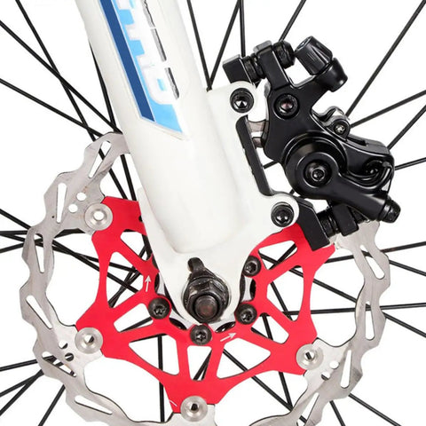 Two Sets Of Mechanical Mountain Bike Disc Brake Calipers Built To Perfection With Hardened Aluminum Alloy, installed on front wheel.