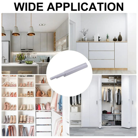 Heavy Duty Gray Magnetic Touch Catch Latch Kit With No Slam Damper Buffer For Cabinet Doors And Cupboards Quick Slide Push To Open Mechanism displayed in various cabinet settings.