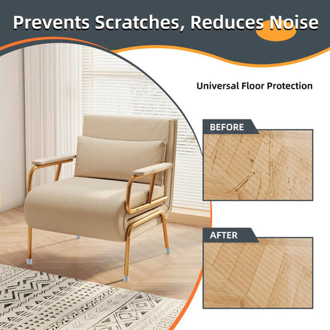 Before and after image showing Heavy Duty Folding Chair Leg Caps 12 Pack Premium Grey Floor Savers used on a chair.