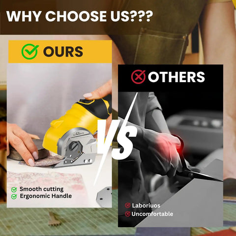 Upgrade Your Workflow With This Badass 4V Cordless Electric Scissors showing ergonomic cutting versus traditional scissors.