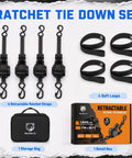 Tough As Nails Retractable Ratchet Straps 4 Pack Heavy Duty Tie Down Cords Featuring Galvanized Steel Ratchets and Ultra Thick UV Webbing to Secure ATV and Truck Bed Cargo with storage bag and soft loops.