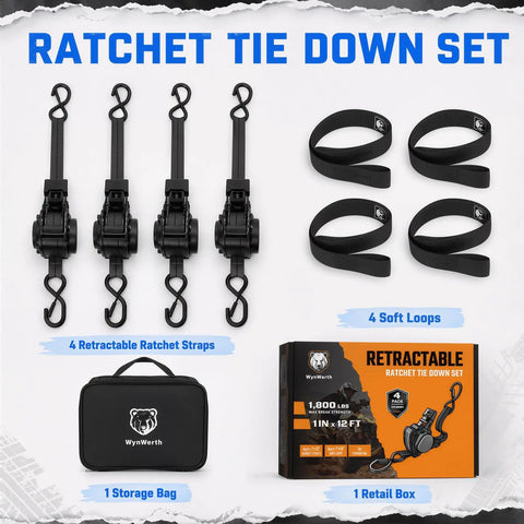 Tough As Nails Retractable Ratchet Straps 4 Pack Heavy Duty Tie Down Cords Featuring Galvanized Steel Ratchets and Ultra Thick UV Webbing to Secure ATV and Truck Bed Cargo with storage bag and soft loops.