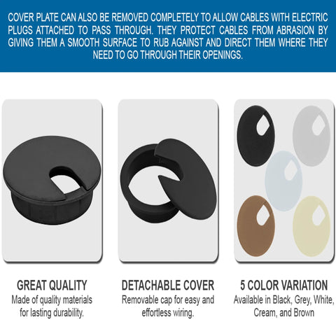 5 Pack Black Round Desk Cable Grommets 3 Inch 76mm Two Piece ABS Plastic Hole Cover with detachable design and color variations