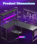 L Shaped Gaming Desk With LED Light And Power Outlet 53 Inch Reversible Computer Desk dimensions and shelving layout