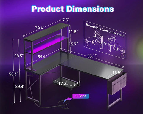 L Shaped Gaming Desk With LED Light And Power Outlet 53 Inch Reversible Computer Desk dimensions and shelving layout