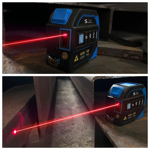 4 In 1 Laser Tape Measure With Laser Level Crosshairs, Pro Grade 130 Feet 40 Meters Distance And 16 Feet 5 Meters AutoLock Tape, Backlit LCD Display In Feet Inches Meters Millimeters, IP54 Aluminum Body For DIY Construction And Interior Design. Laser level on steel beam