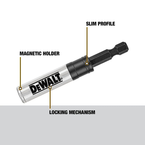 Three In One Impact Ready Bit Holder with magnetic retention, locking mechanism, and slim profile on white background.
