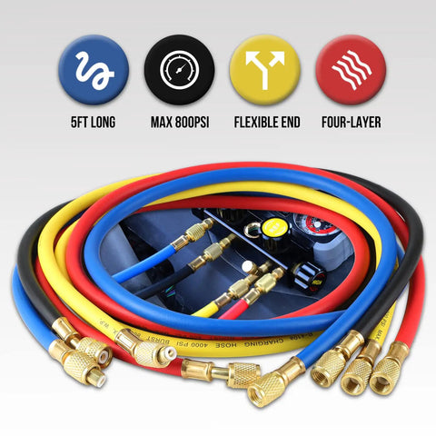 All In One HVAC Manifold Gauge Set With Hose Kit For Auto AC Systems Pro Grade Compatible With R134A R22 R32 R410A Freon